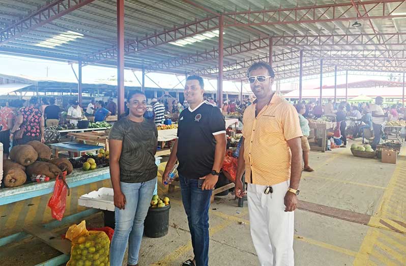 From right: R3PSInc Head Halim Khan, Regional Executive Officer (REO) for Region Three, Devanand Ramdatt, and Region Three's Regional Health Officer, Dr. Erica Forte, during their visit to the Leonora Market