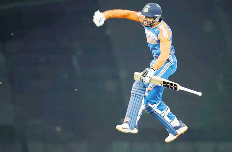 Tilak Varma leaps in celebration after bringing up his first international century  