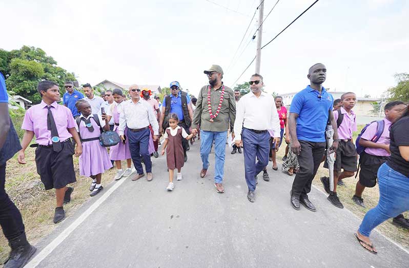 President Ali during his visit to Vergenogen, in Region Three, on Tuesday (Office of the President photos)