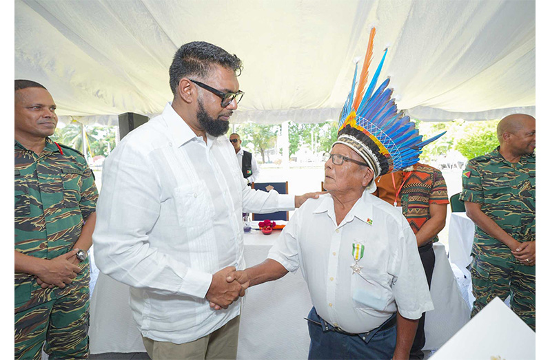 Cashew Island Toshao was on Friday conferred with the Medal of Service for his years of dedicated service to community and country (Office of the President photo)