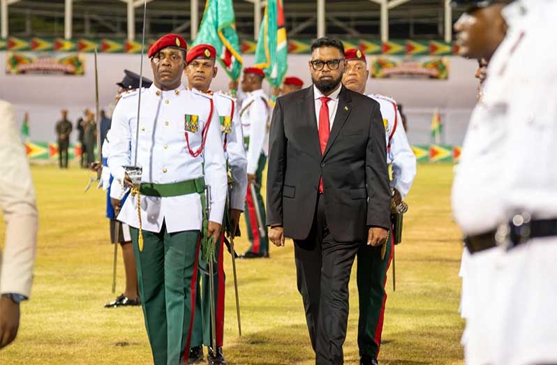 President Dr. Irfaan Ali inspecting a Guard of Honour during the Flag Raising Ceremony at Albion, Berbice, on the eve of Guyana’s 59th Independence Anniversary, a powerful moment underscoring the nation’s unity, sovereignty, and resolve