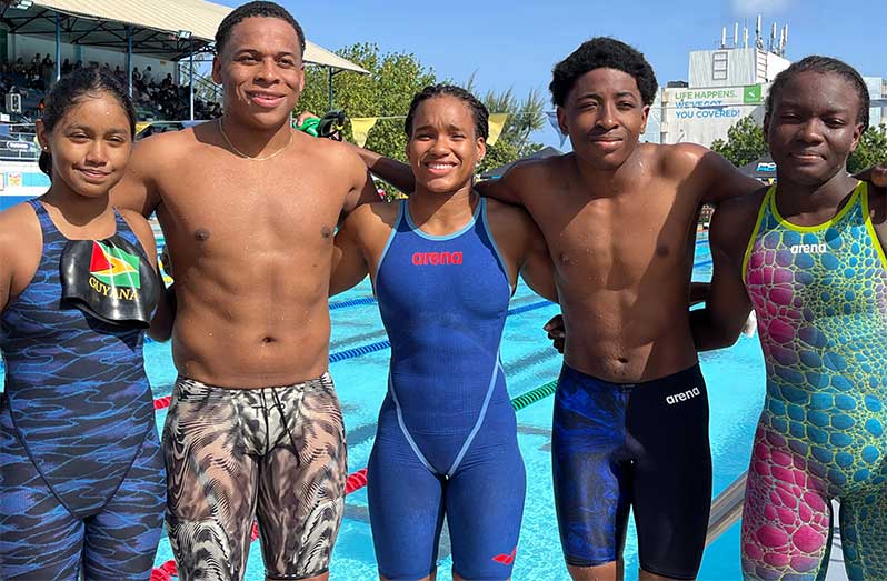 Guyana's swim team at the Barbados Invitational Meet (right to left) Jessica Sookram, Fitzroy Thom, Aleka Persaud, Josiah Andrews and Shareefah Lewis