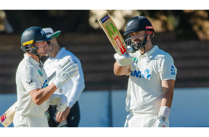 Daryl Mitchell celebrates his fifty as Nathan Smith looks on • (Zimbabwe Cricket)
