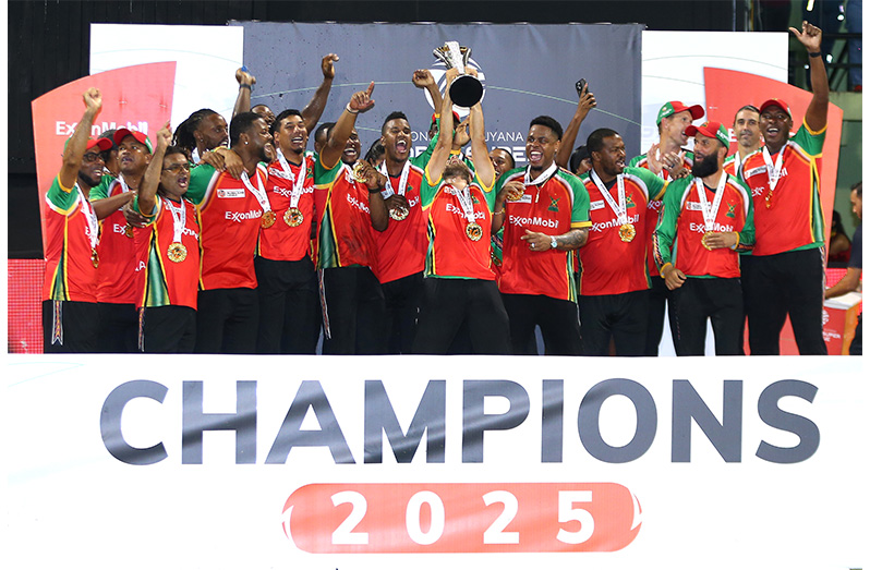 Imran Tahir of Guyana Amazon Warriors lifts the ExxonMobil Guyana Global Super League trophy after winning the ExxonMobil Guyana Global Super League T20 Final match between Guyana Amazon Warriors v Rangpur Riders at Providence Stadium on July 18, 2025 in Georgetown, Guyana. (Photo by Ashley Allen - GSLT20/Global Super League via Getty Images)