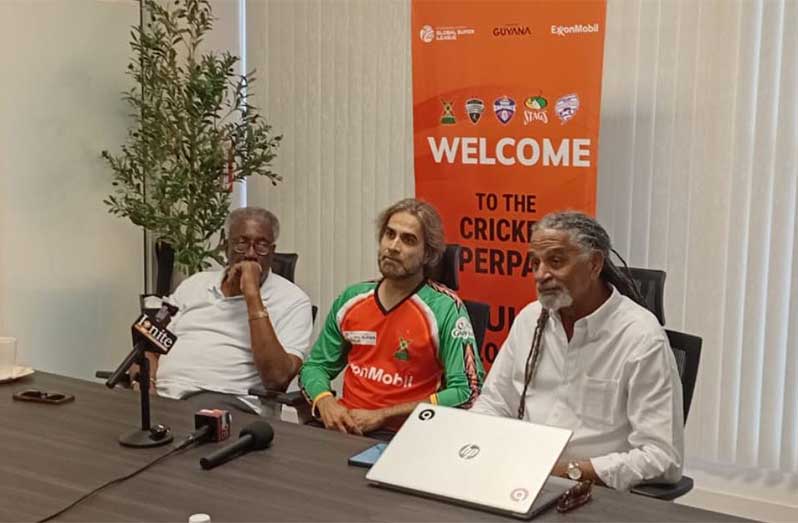 Global Super League Chairman Clive Lloyd, Amazon Warriors captain Imran Tahir, and GSL tournament director Michael Hall
