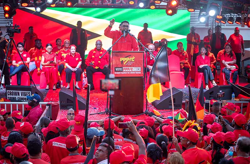 Before supporters dressed in the PPP/C’s signature fiery red, President Dr. Irfaan Ali on Sunday outlined plans for Guyana’s future at the launching of the party’s elections campaign (Delano Williams photo)