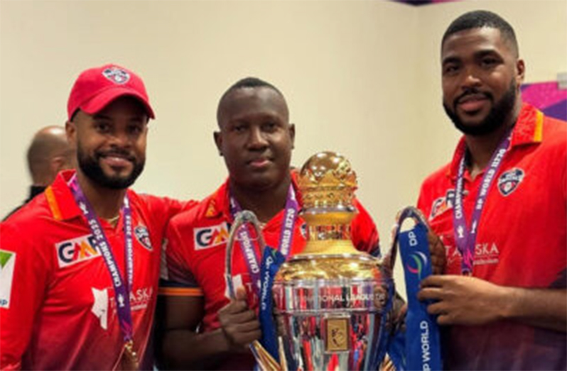 Shai Hope (left) and Rovman Powell (centre) pictured here with fellow West Indian Obed McCoy, have been retained by the Dubai Capitals for the new season