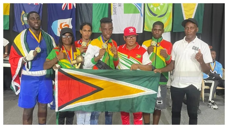 Guyana’s national boxing team returned home with five gold medals and two top individual honours following a strong showing at the Organisation of Eastern Caribbean States (OECS) Boxing Championship.