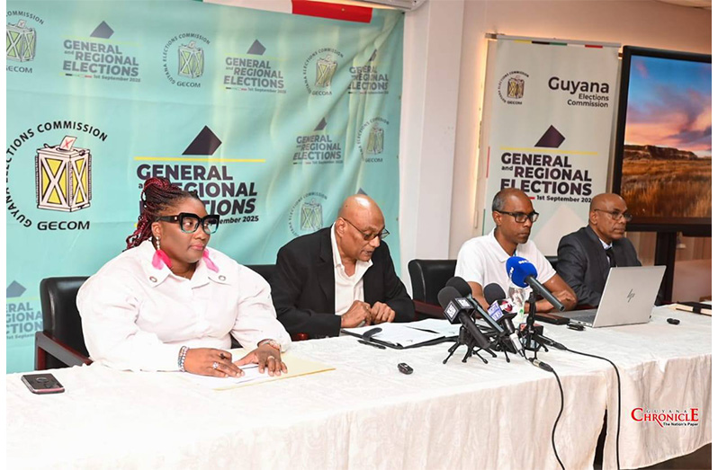 From left: Public Relations Officer of GECOM, Yolanda Ward; Chief Elections Officer, Vishnu Persaud; Deputy Chief Elections Officer, Aneal Giddings; and Civic and Voter Education Manager, Nardeo Persaud at Sunday’s press conference