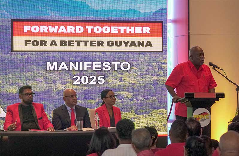 Prime Minister, Brigadier (Ret’d) Mark Phillips addresses the gathering at the PPP/C Manifesto launch on Monday