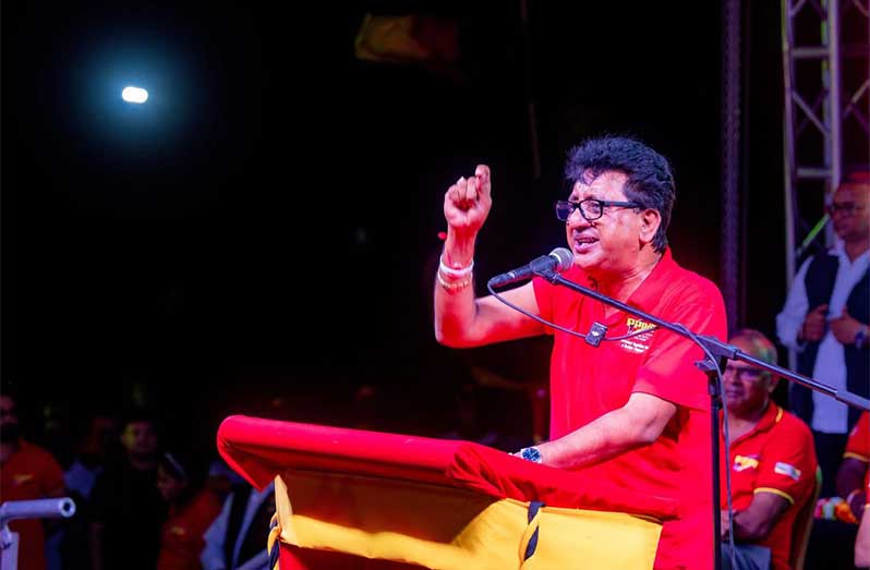 PPP  Executive Member and Attorney General Anil Nandlall making a point during the Enmore rally Monday evening