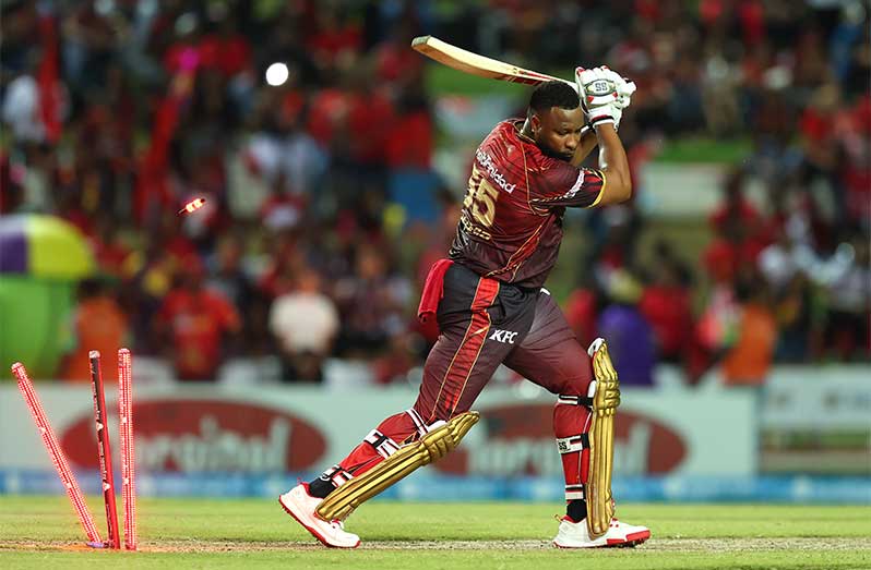 Kieron Pollard of Trinbago Knight Riders is bowled by Tabraiz Shamsi of St Lucia Kings during the Men's 2025 Republic Bank Caribbean Premier League match between Trinbago Knight Riders v Saint Lucia Kings at Brian Lara Cricket Academy on September 03, 2025 in Tarouba, Trinidad And Tobago. (Photo by Ashley Allen - CPL T20/CPL T20 via Getty Images)