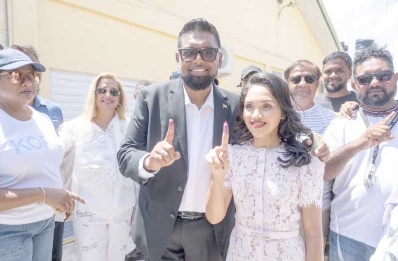 Joining the thousands of men and women casting their ballots in Region Three were Head of State President Irfaan Ali and First Lady Mrs. Arya Ali (DPI photo)