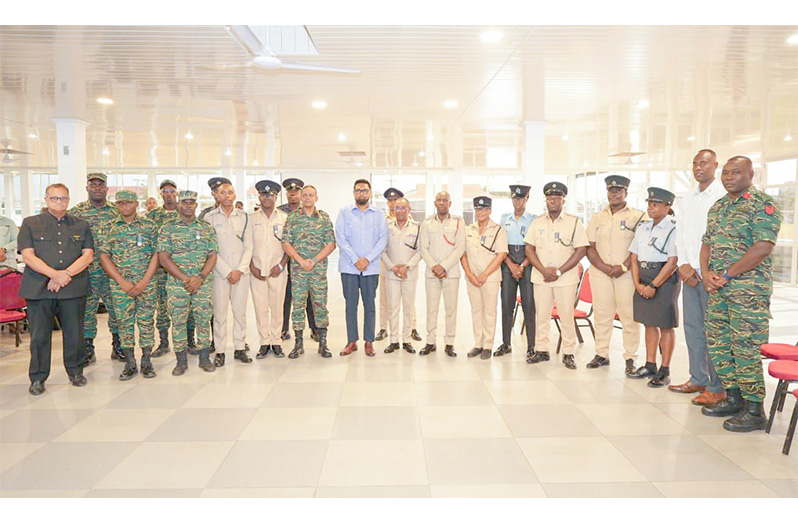 Several members of the Disciplined Services have been awarded the Joint Services Medal Class A for their meritorious and dedicated service in support of Law and Order during the just concluded elections. In this Office of the President photo, President Dr. Irfaan Ali and officials are pictured with some of the awardees