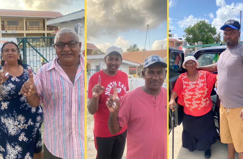 FROM LEFT : Mr Kendranauth Kaimraj and his wife voting,  a father and his son,  who is a first time voter and  an elderly woman  being  assisted by her son  (Indrawattie Natram photos)