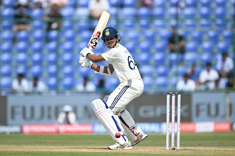 Yashasvi Jaiswal cuts one away for four•Oct 10, 2025•AFP/Getty Images