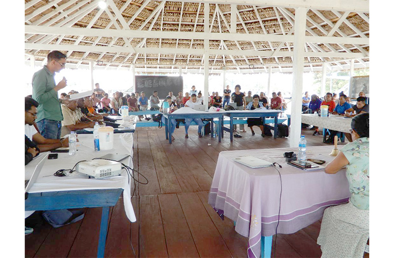 Senior State Counsel Mohamed Muntaz Ali during his presentation to Upper Mazaruni District, Region Seven (Cuyuni-Mazaruni)