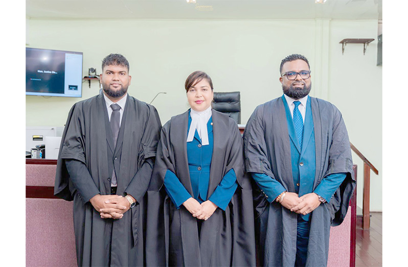 From left: Newly-minted Attorney-at-Law Jayaram Ajay Sanasie; Justice Deborah Kumar-Chetty and Attorney-at-Law and Managing Partner of GUNRAJ & CO, Sase Gunraj