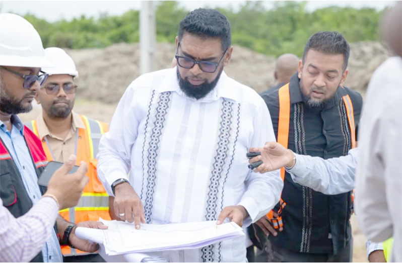 President, Dr. Irfaan Ali inspecting road works at Buzz Bee Dam, East Bank Demerara