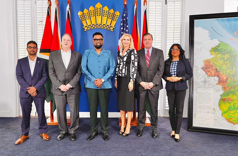 President Dr. Irfaan Ali with the visiting delegation led by United States Ambassador to Guyana, Nicole Theriot and included Blumberg Grain’s Chief Executive Officer, Mr. Phillip Blumberg, and Senior Vice President, Mr. Jeff Speaks and other officials