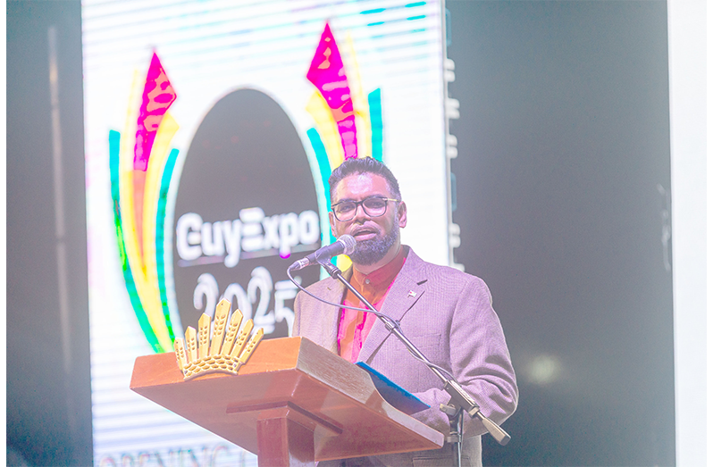 President Dr. Irfaan Ali makes a point during his address at the launch of GuyExpo 2025 (Delano Williams photos)