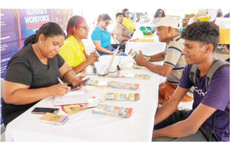 The Government of Guyana, in collaboration with Lindsayca Oil & Gas Integrated
Solutions Group, on Thursday opened the Gas-to-Energy Project Job Fair at
the Leonora Track & Field Stadium, Region Three. Over 1,000 employment
opportunities are available (Ministry of Labour, Manpower & Planning photo)