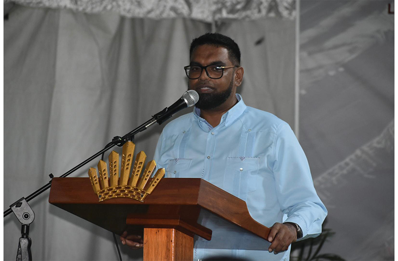 President, Dr Irfaan Ali delivering remarks at the gas-to-energy job fair on Thursday (Sachin Persaud photo)