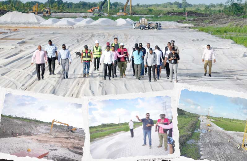 During a site visit to the Land of Canaan–Garden of Eden corridor, President Dr. Irfaan Ali pointed out the use of wick drains driven 10 to 18 metres below the surface to accelerate soil settlement by drawing out water trapped in the soft ground
