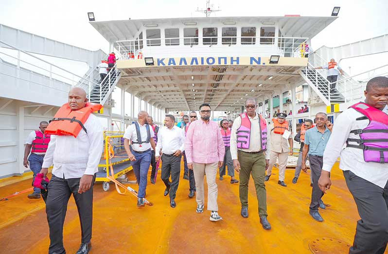 President Dr. Irfaan Ali and Minister of Public Utilities and Aviation Deodat Indar along with several maritime officials  inspecting the newly acquired vessel that arrived in Guyana from Greece on Wednesday (Minister of Public Utilities and Aviation, Deodat Indar/Facebook)