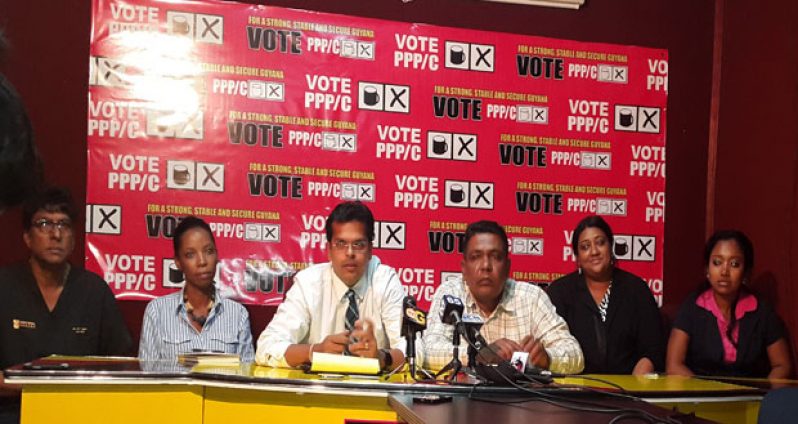 In photo, from left, are Dr. Clive Jagan, Ms. Vanessa Benn, Dr. Mahender Sharma, Mr. Zulfikar Mustapha, Dr. Vishalya Sharma and Dr. Telita Smith