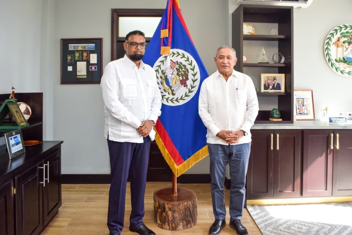 Belize Prime Minister John Briceño and Guyana’s President Dr Irfaan Ali before the sitting of the Belizean National Assembly
