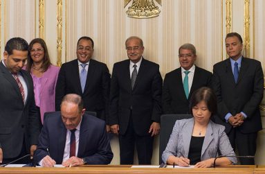 Egyptian Prime Minister Sherif Ismail (4th R, Rear) attends the signing ceremony between Egypt's National Authority for Tunnels (NAT) and the joint coalition of China's AVIC International and China Railway Group Limited in Cairo, Egypt, on Aug. 15, 2017. The Egyptian Ministry of Transport and a coalition of Chinese firms signed an agreement worth 1.24 billion U.S. dollars to build a light rail transit in new districts around Cairo. (Meng Tao/Xinhua)