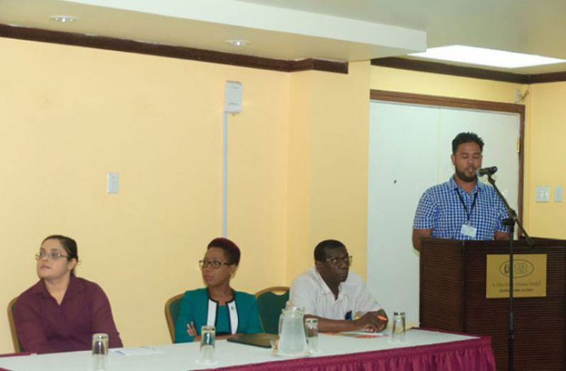 Technical Officer of Climate Change, Shane Singh, making his presentation at Saturday’s forum. Seated at the head-table are, from left: Climate Change Officer, Ms Kandila Ramotar; Head of the Office for Climate Change, Ms Janelle Christian; and Executive Director of Global Economic Cooperation, Trade and Investment, Ministry of Foreign Affairs, Mr Rawle Lucas