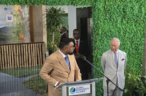 President Dr.Irfaan Ali and Britian's King Charles III during remarks at the second Global Biodiversity alliance Conference and Financing Forum, held here in Georgetown(Photo Credit: Dennis Chabrol)