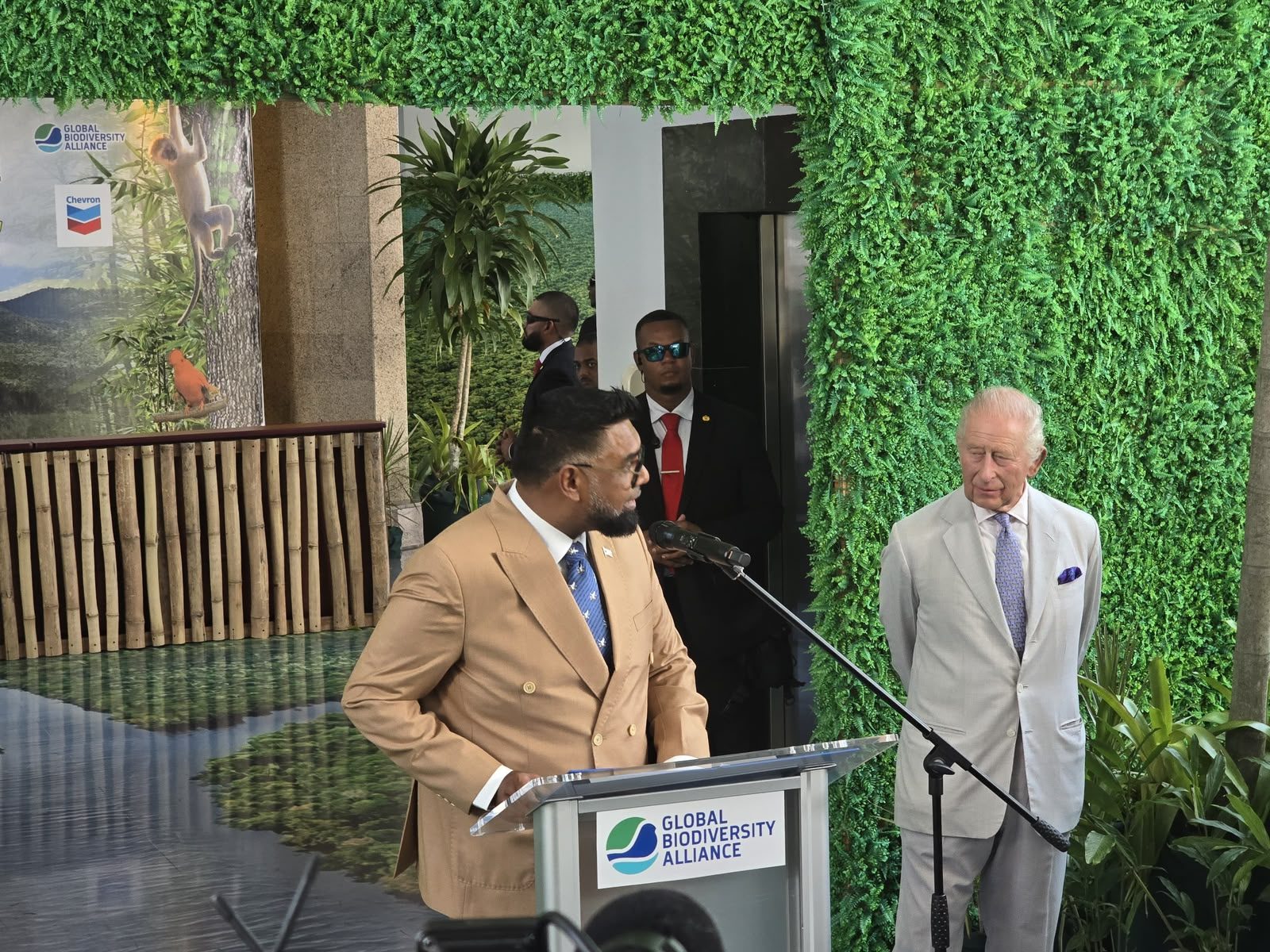 President Dr.Irfaan Ali and Britian's King Charles III during remarks at the second Global Biodiversity alliance Conference and Financing Forum, held here in Georgetown(Photo Credit: Dennis Chabrol)