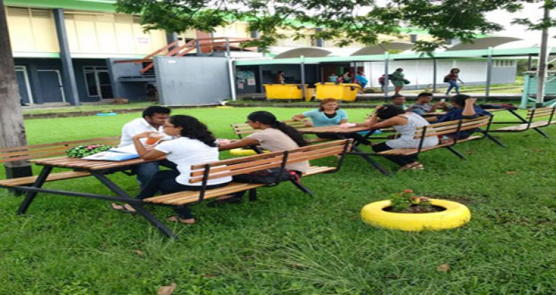 Students of the University of Guyana Turkeyen Campus relaxing at their new outdoor eating facility