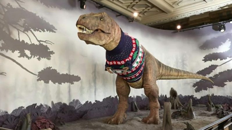 The T.rex has had a festive but fearsome makeover. Taken from BBC.