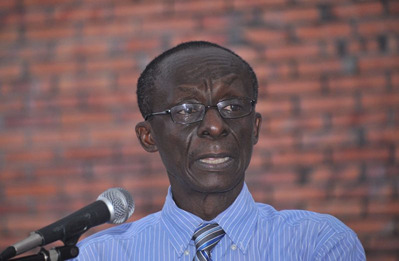 PAHO/WHO Representative to Guyana, Dr. William Adu-Krow, addresses the gathering at the GPHC during the launch of Breast Cancer Awareness Month 2017.
