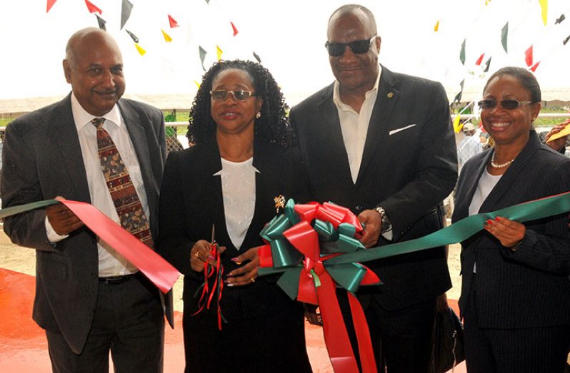 From left: Former Chancellor of the Judiciary, Carl Singh, Chancellor of the Judiciary, Yonette Cummings-Edwards, Minister of State, Joseph Harmon, Chief Justice, Roxanne George-Wiltshire cut the ceremonial ribbon to christen the quarters