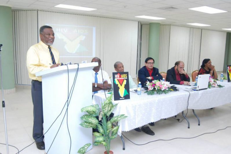 L-R: Hon. Samuel Hinds (at podium); Dr. Emanuel Cummings; Dr. Douglas Slater; Professor Prem Misir; Hon. Dr. Bheri Ramsarran; Ms. Gwyneth George