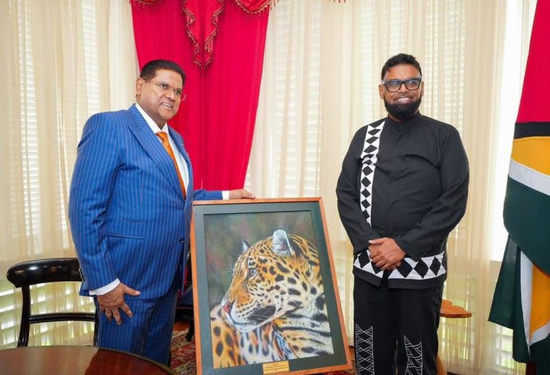President Dr. Irfaan Ali and former Surinamese President, Chandrikapersad Santokhi during one of his many visits to Guyana.