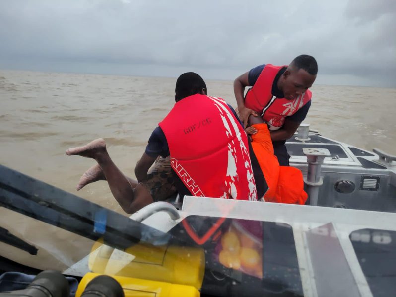 The lone missing crewman being pulled onto the rescue boat (Photo retrieved from Facebook page of Capt. Gerry Gouveia Snr)