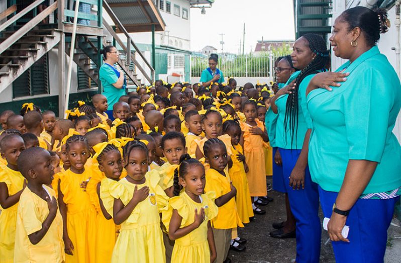 Pupils of South Road Nursery reciting the National Pledge before knuckling down to work  (Photo by Samuel Maughn)