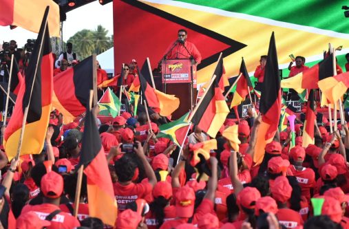 President Dr Irfaan Ali addressing the massive crowd of supporters at the Albion Estate rally on Sunday (Delano Williams/Guyana Chronicle/20 July, 2025)