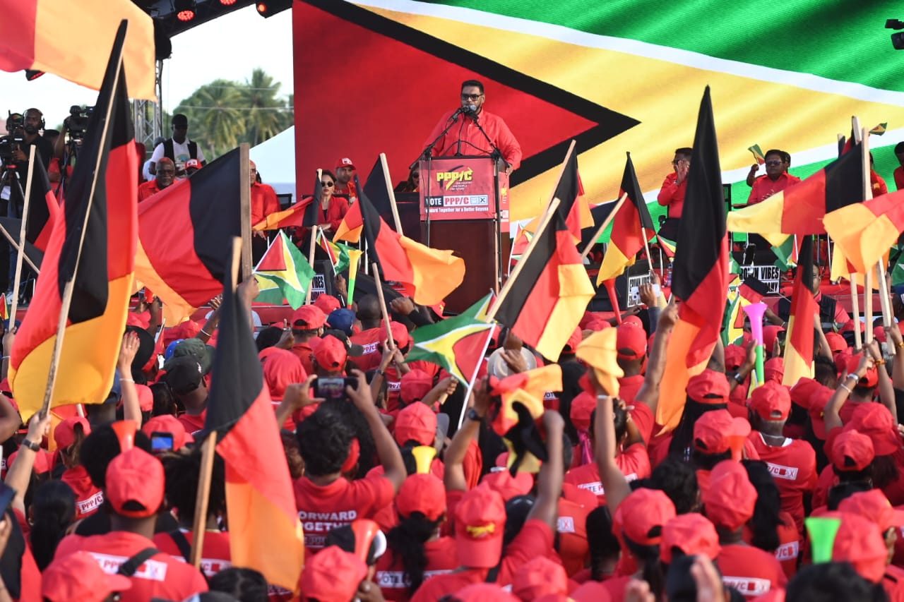 President Dr Irfaan Ali addressing the massive crowd of supporters at the Albion Estate rally on Sunday (Delano Williams/Guyana Chronicle/20 July, 2025)