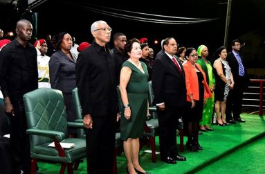 From left to right:  President David Granger and First Lady, Mrs. Sandra Granger along with Prime Minister Moses Nagamootoo and Mrs. Sita Nagamootoo at the 2017 Independence flag Raising Ceremony held at Durban Park.   Minister of Public Secuirty and Mrs, Ramjattan are also pictured first and second from right.