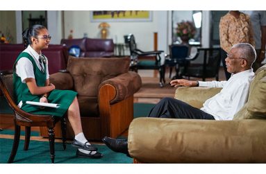 President David Granger is interviewed by Miss Shania Madramuthu, Public Relations Intern at the Public Information and Press Service (PIPS), Ministry of the Presidency, The Bishops' High School.