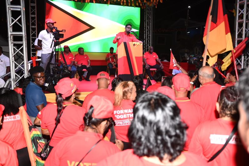 President Dr Irfaan Ali addressing the massive crowd at Eccles, East Bank Demerara. ( Delano Williams photo)