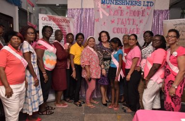 First Lady, Mrs. Sandra Granger (seventh from right), Manager of Muneshwers Limited, Ms. Vanita Muneshwer (fourth from right) and Founder of the Giving Hope Foundation, Dr. Latoya Gooding (sixth from left) are pictured with some of the women who participated in the Spa Day and Tea Party at Muneshwers Limited.