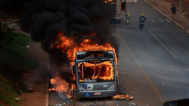A bus was set on fire and many vehicles vandalised in Brasilia